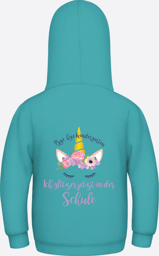 Hoodie Einschulung: Bye Bye Kindergarten Ich glitzer jetzt - Hawaiian Blue