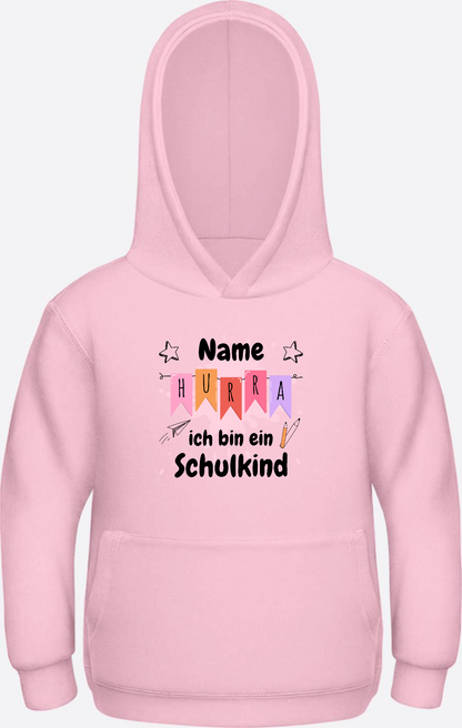Hoodie Hurra ich bin ein Schulkind - Mit Namen personalisiert - Baby Pink Herzseite