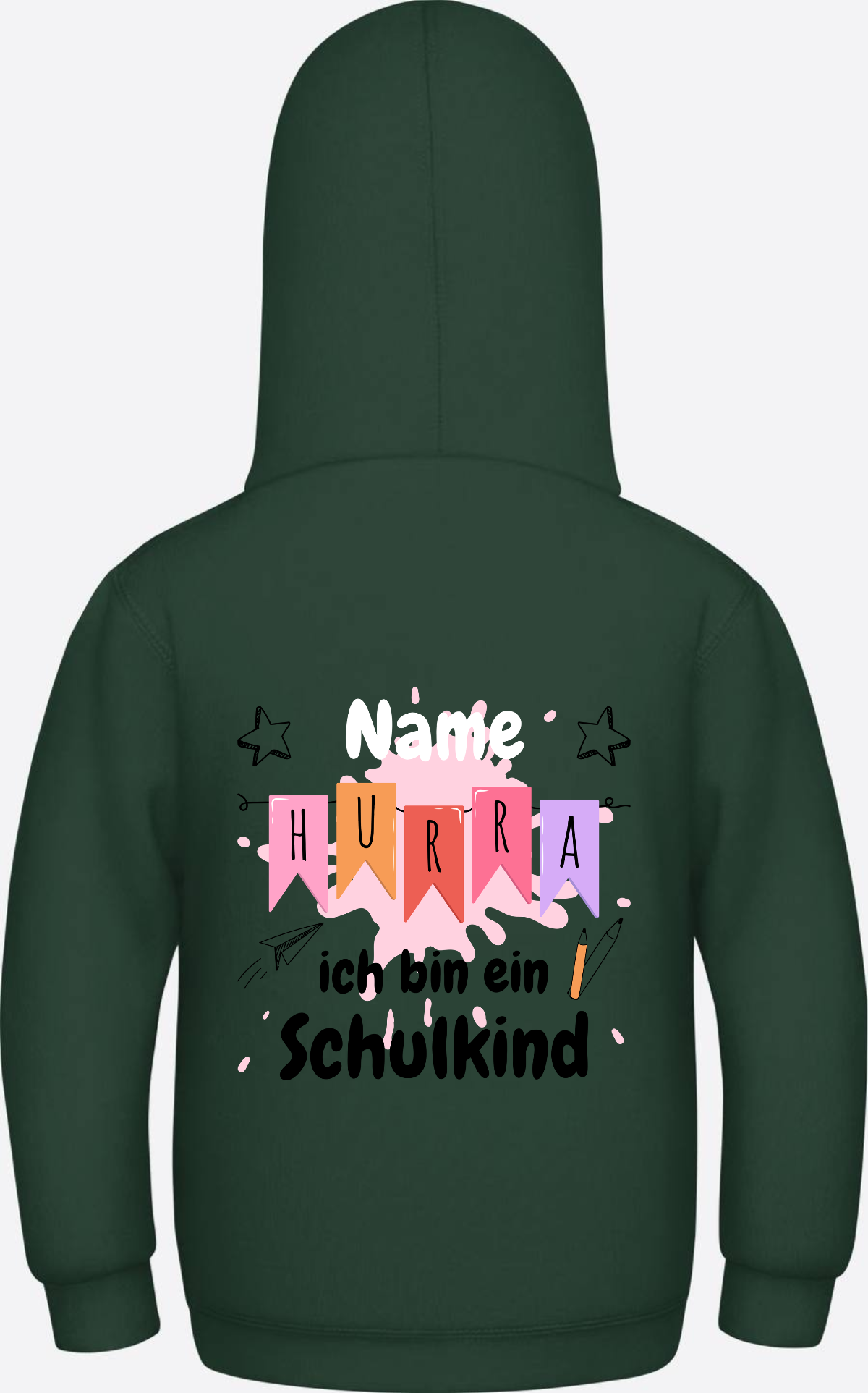Hoodie Hurra ich bin ein Schulkind - Mit Namen personalisiert - Bottle Green