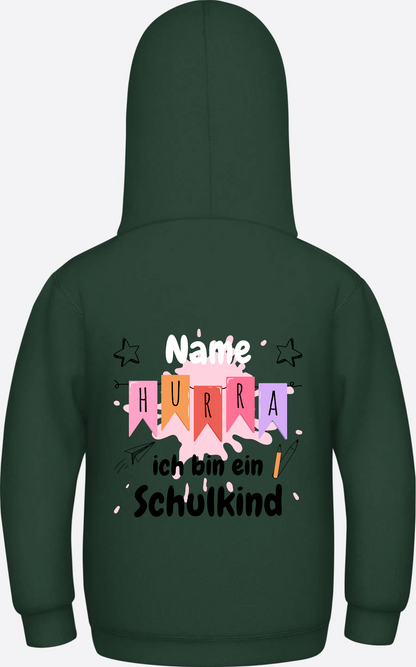 Hoodie Hurra ich bin ein Schulkind - Mit Namen personalisiert - Bottle Green