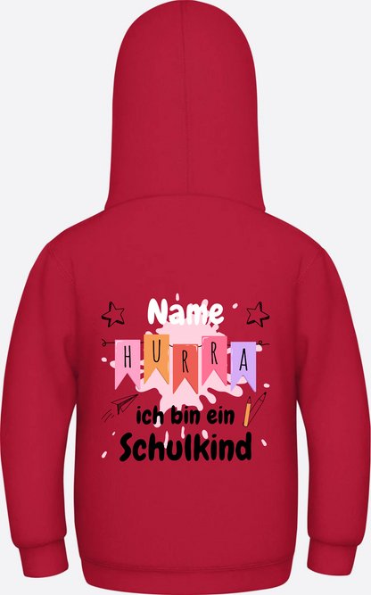 Hoodie Hurra ich bin ein Schulkind - Mit Namen personalisiert - Fire Red