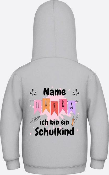 Hoodie Hurra ich bin ein Schulkind - Mit Namen personalisiert - Heather Grey