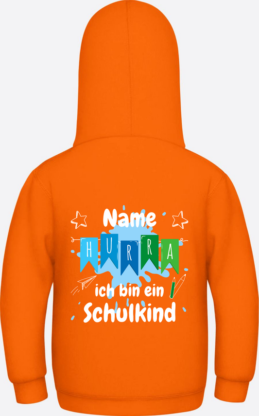 Hoodie "Hurra ich bin ein Schulkind" mit Namen personalisiert - Orange Crush