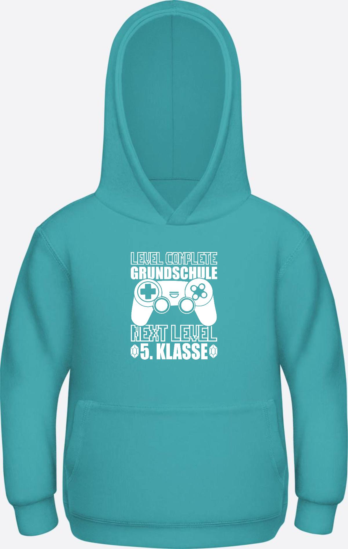 Hoodie Next Level 5. Klasse: Level complete Grundschule mit Name - Hawaiian Blue Herzseite