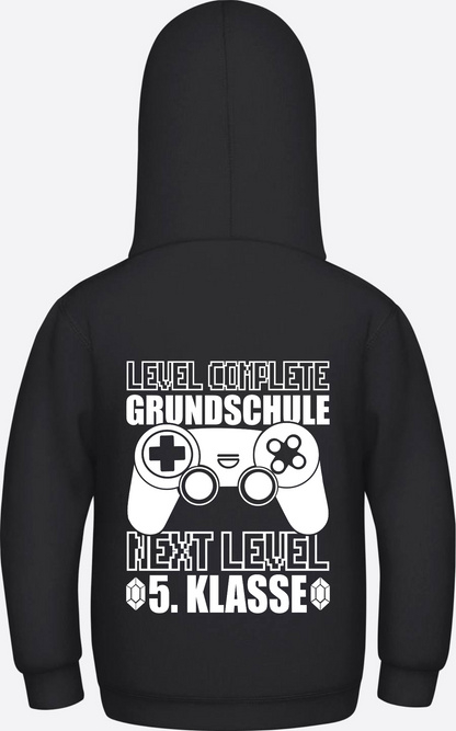 Hoodie Next Level 5. Klasse: Level complete Grundschule mit Name - Jet Black