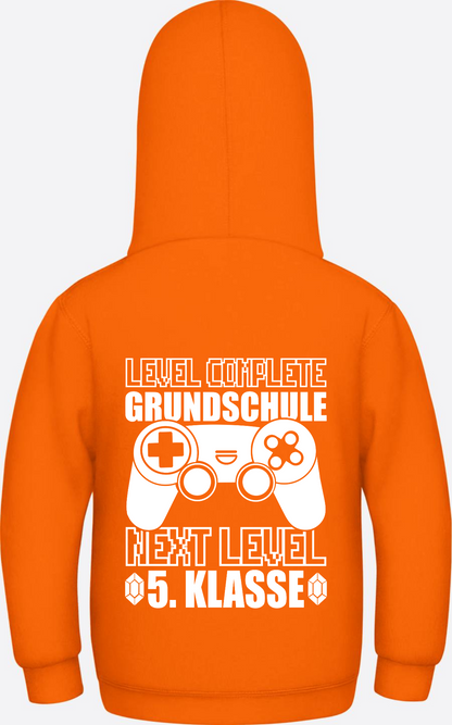 Hoodie Next Level 5. Klasse: Level complete Grundschule mit Name - Orange Crush