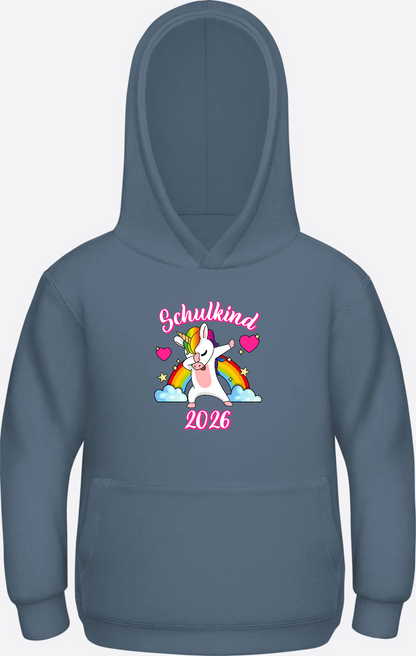 Hoodie Schulkind 2025 Dabbendes Einhorn Regenbogen mit Name - Airforce Blue Herzseite
