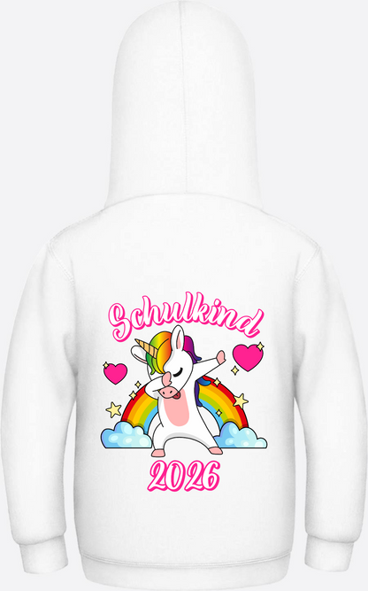 Hoodie Schulkind 2025 Dabbendes Einhorn Regenbogen mit Name - Arctic White