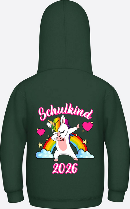 Hoodie Schulkind 2025 Dabbendes Einhorn Regenbogen mit Name - Bottle Green
