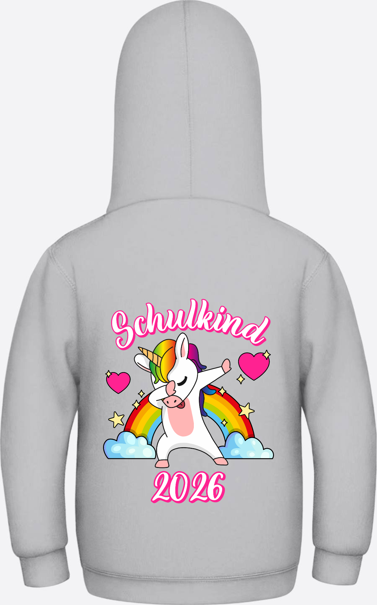 Hoodie Schulkind 2025 Dabbendes Einhorn Regenbogen mit Name - Heather Grey