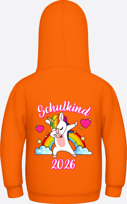 Hoodie Schulkind 2025 Dabbendes Einhorn Regenbogen mit Name - Orange Crush