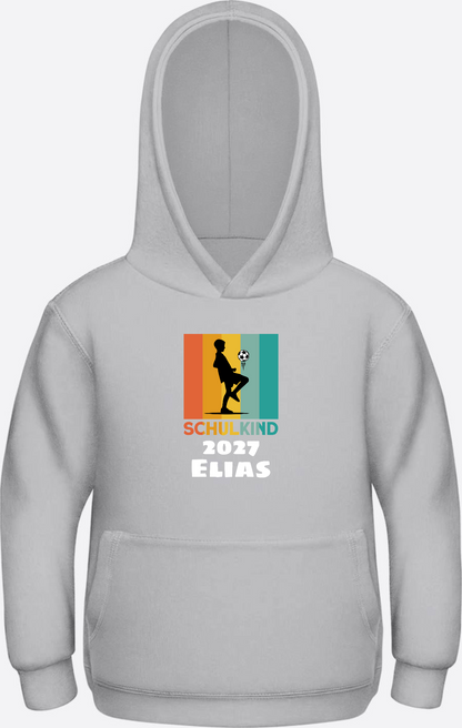 Hoodie zur Einschulung - Retro Fußball weiß mit Wunschname - Heather Grey Herzseite