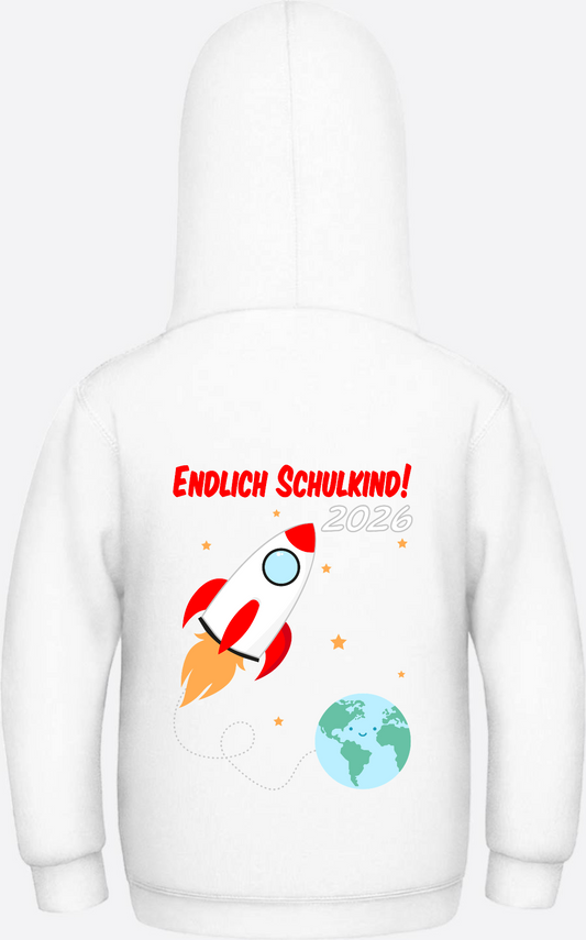 Kinder Hoodie Einschulung 2026 – Endlich Schulkind Rakete - Arctic White