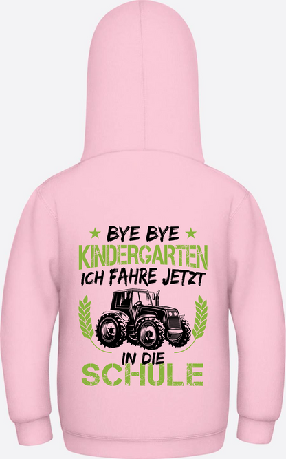 Kinder Hoodie Einschulung: Bye Bye Kindergarten Traktor - Baby Pink