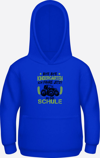 Kinder Hoodie Einschulung: Bye Bye Kindergarten Traktor - Bright Royal Herzseite
