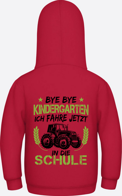 Kinder Hoodie Einschulung: Bye Bye Kindergarten Traktor - Fire Red