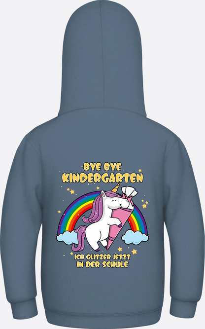Kinder Hoodie Einschulung Einhorn Glitzer – Bye Bye Kindergarten - Airforce Blue