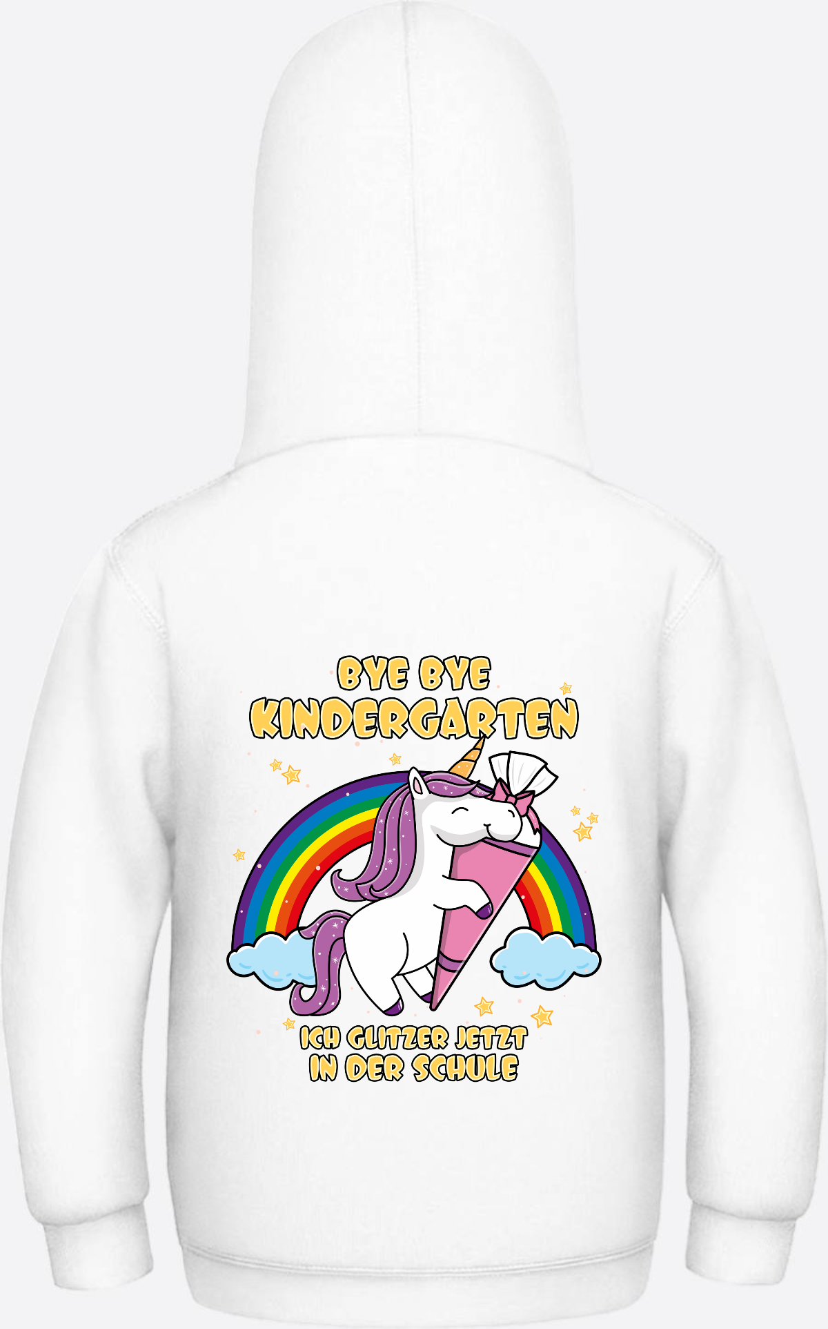 Kinder Hoodie Einschulung Einhorn Glitzer – Bye Bye Kindergarten - Arctic White