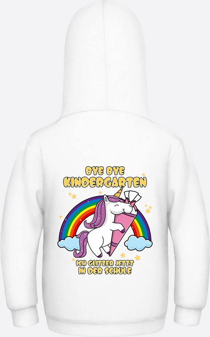 Kinder Hoodie Einschulung Einhorn Glitzer – Bye Bye Kindergarten - Arctic White