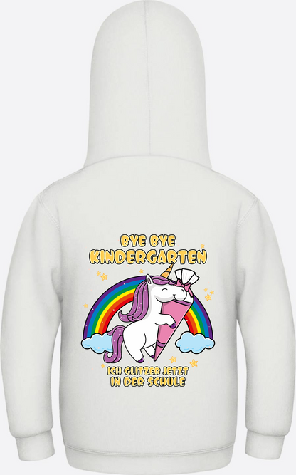 Kinder Hoodie Einschulung Einhorn Glitzer – Bye Bye Kindergarten - Ash