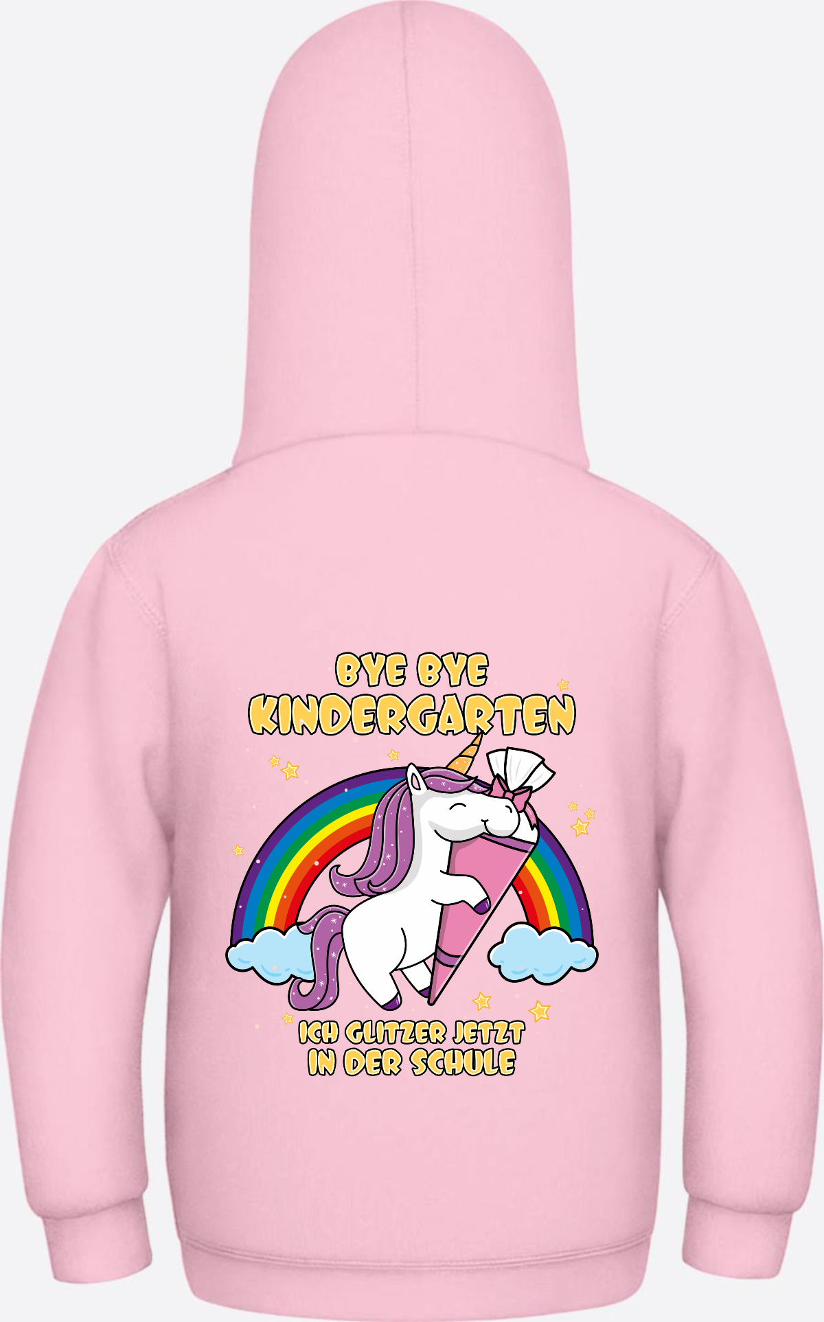 Kinder Hoodie Einschulung Einhorn Glitzer – Bye Bye Kindergarten - Baby Pink