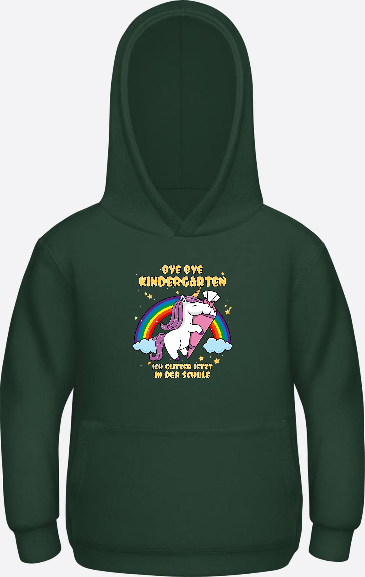 Kinder Hoodie Einschulung Einhorn Glitzer – Bye Bye Kindergarten - Bottle Green Herzseite