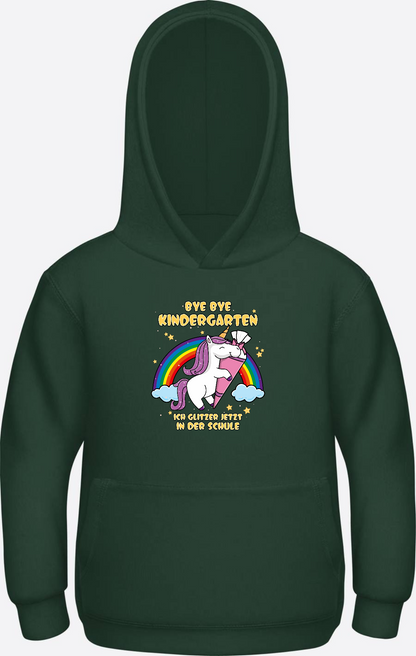 Kinder Hoodie Einschulung Einhorn Glitzer – Bye Bye Kindergarten - Bottle Green Herzseite
