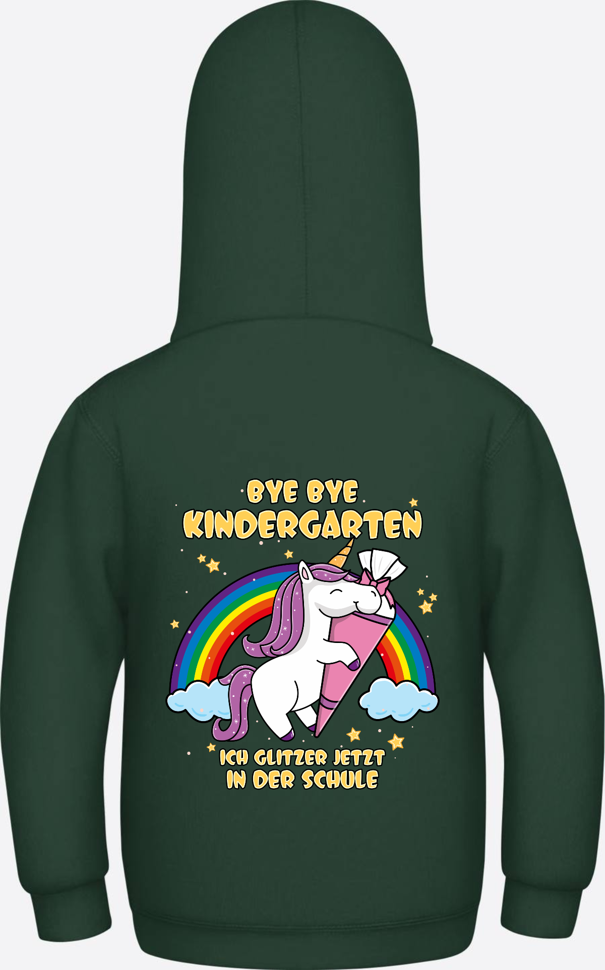 Kinder Hoodie Einschulung Einhorn Glitzer – Bye Bye Kindergarten - Bottle Green