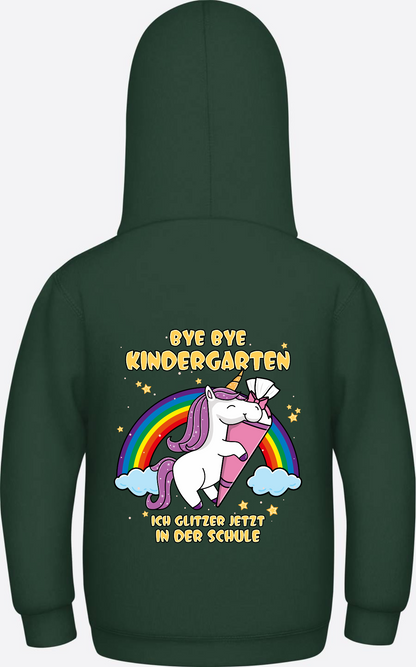 Kinder Hoodie Einschulung Einhorn Glitzer – Bye Bye Kindergarten - Bottle Green