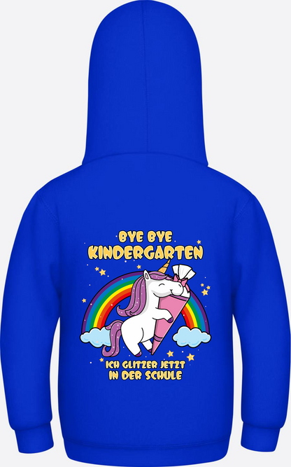 Kinder Hoodie Einschulung Einhorn Glitzer – Bye Bye Kindergarten - Bright Royal