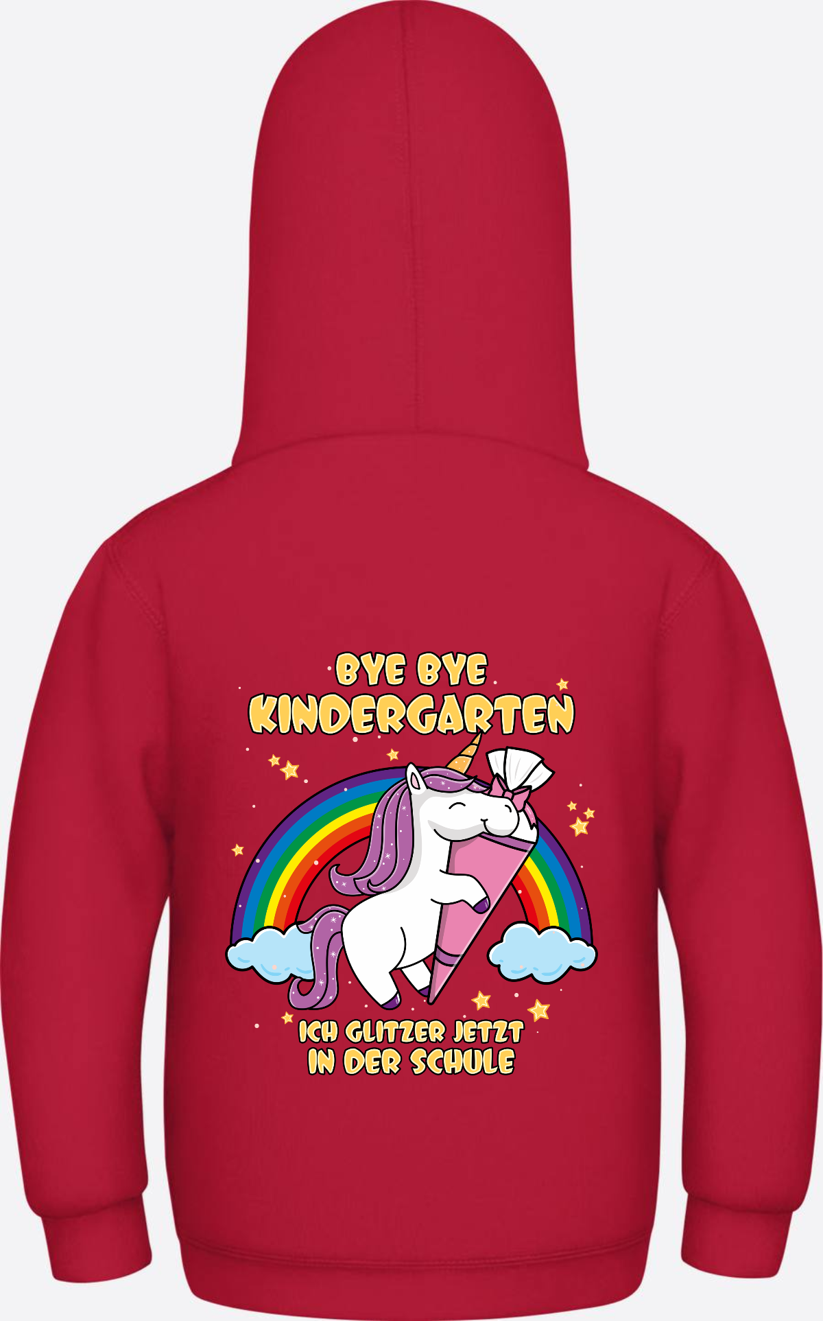 Kinder Hoodie Einschulung Einhorn Glitzer – Bye Bye Kindergarten - Fire Red