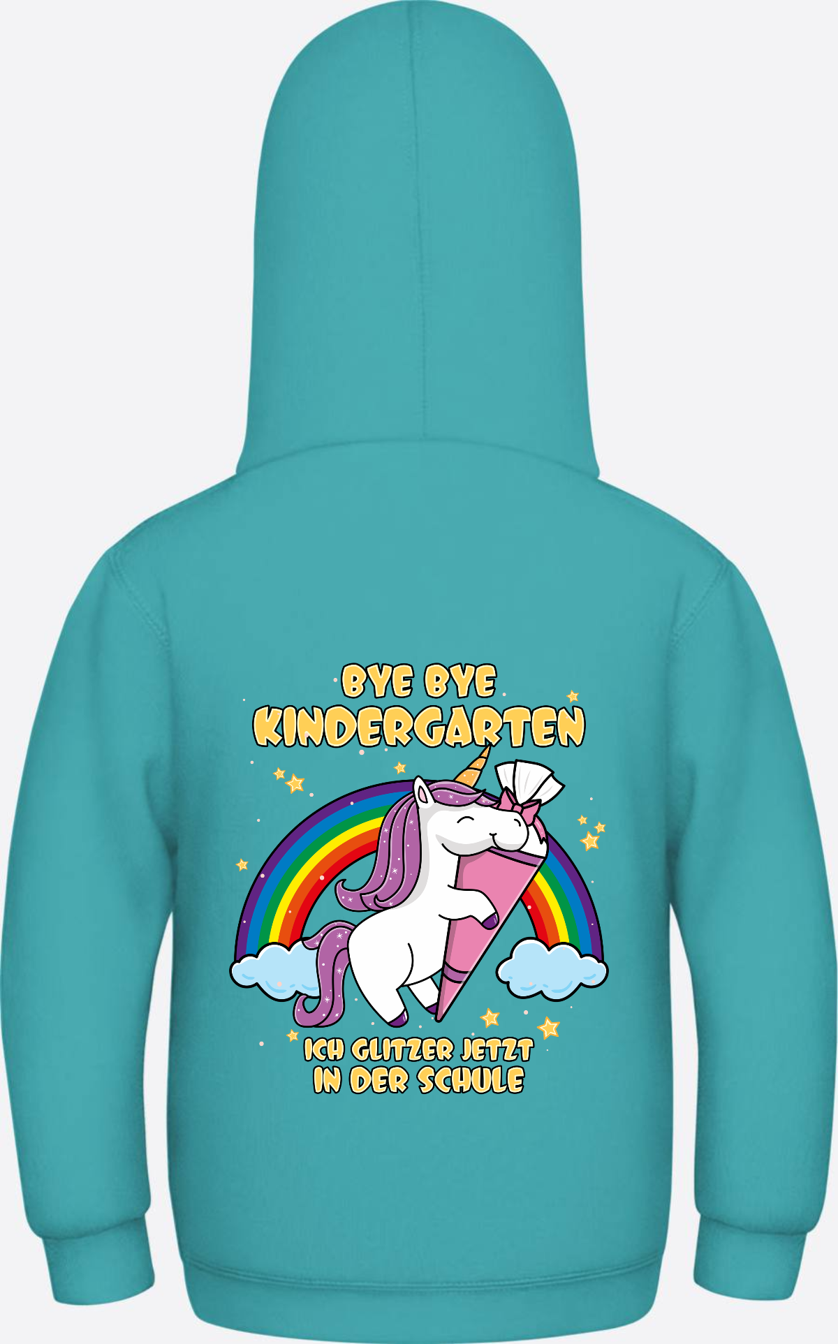 Kinder Hoodie Einschulung Einhorn Glitzer – Bye Bye Kindergarten - Hawaiian Blue