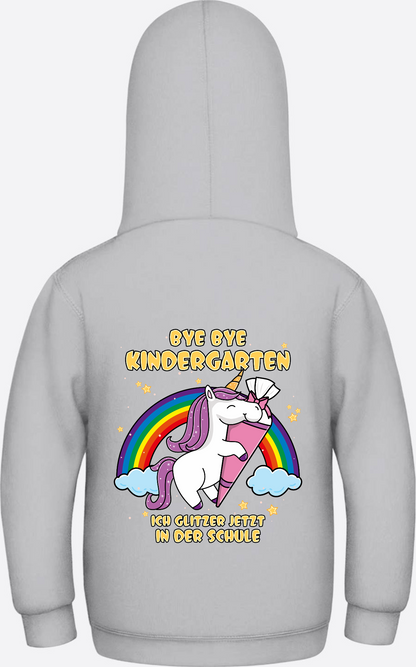 Kinder Hoodie Einschulung Einhorn Glitzer – Bye Bye Kindergarten - Heather Grey