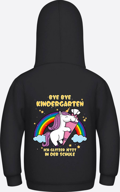 Kinder Hoodie Einschulung Einhorn Glitzer – Bye Bye Kindergarten - Jet Black