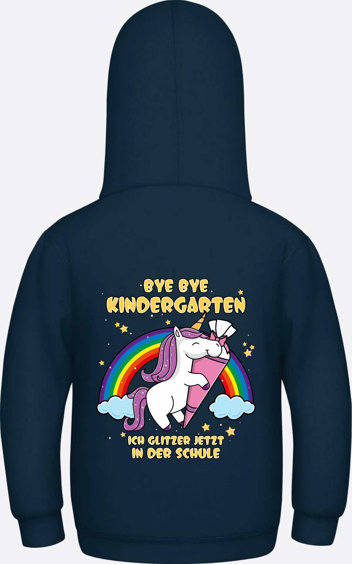 Kinder Hoodie Einschulung Einhorn Glitzer – Bye Bye Kindergarten - New French Navy