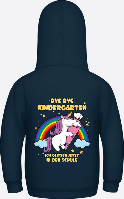 Kinder Hoodie Einschulung Einhorn Glitzer – Bye Bye Kindergarten - New French Navy