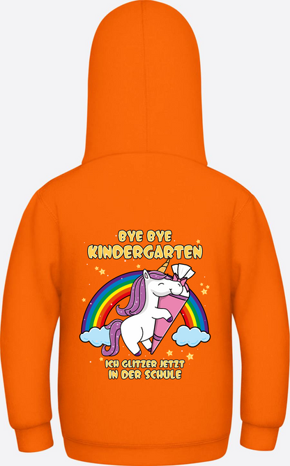 Kinder Hoodie Einschulung Einhorn Glitzer – Bye Bye Kindergarten - Orange Crush