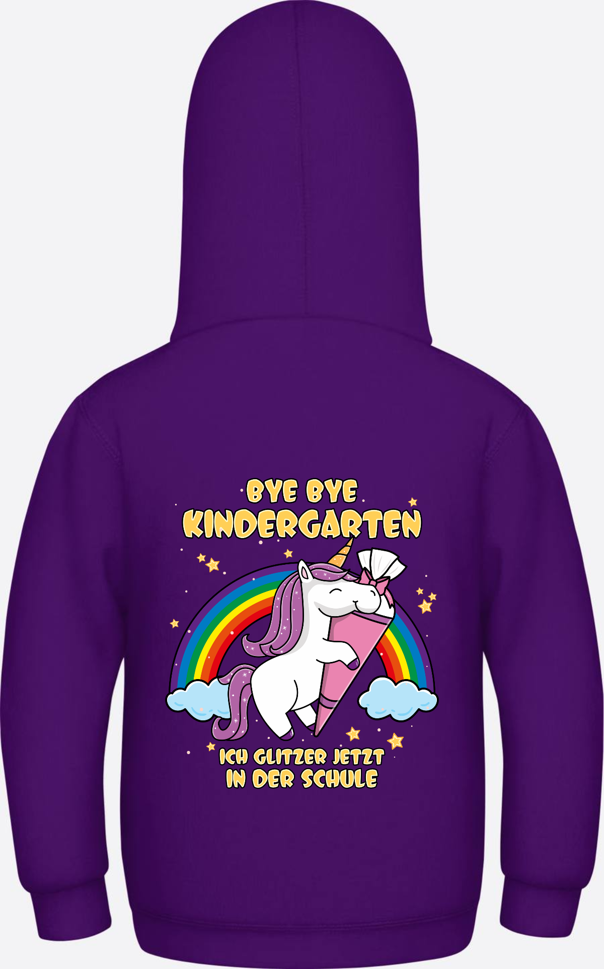 Kinder Hoodie Einschulung Einhorn Glitzer – Bye Bye Kindergarten - Purple