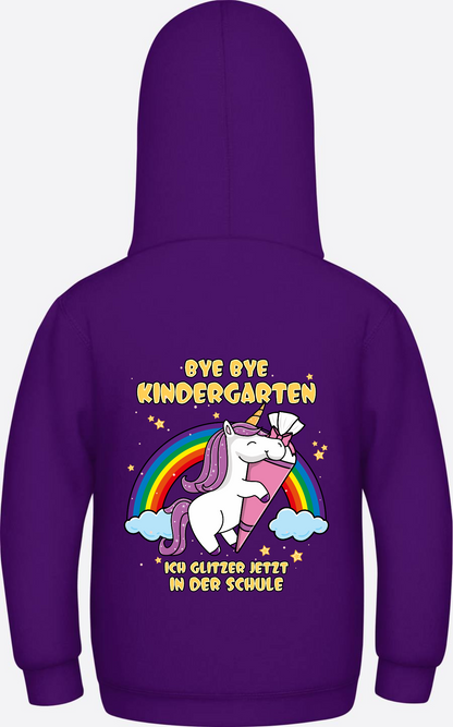 Kinder Hoodie Einschulung Einhorn Glitzer – Bye Bye Kindergarten - Purple