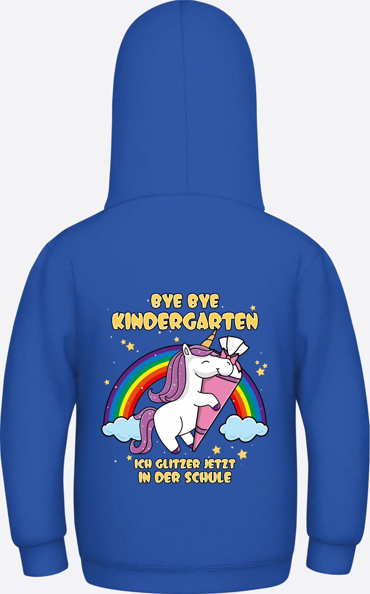 Kinder Hoodie Einschulung Einhorn Glitzer – Bye Bye Kindergarten - Royal Blue