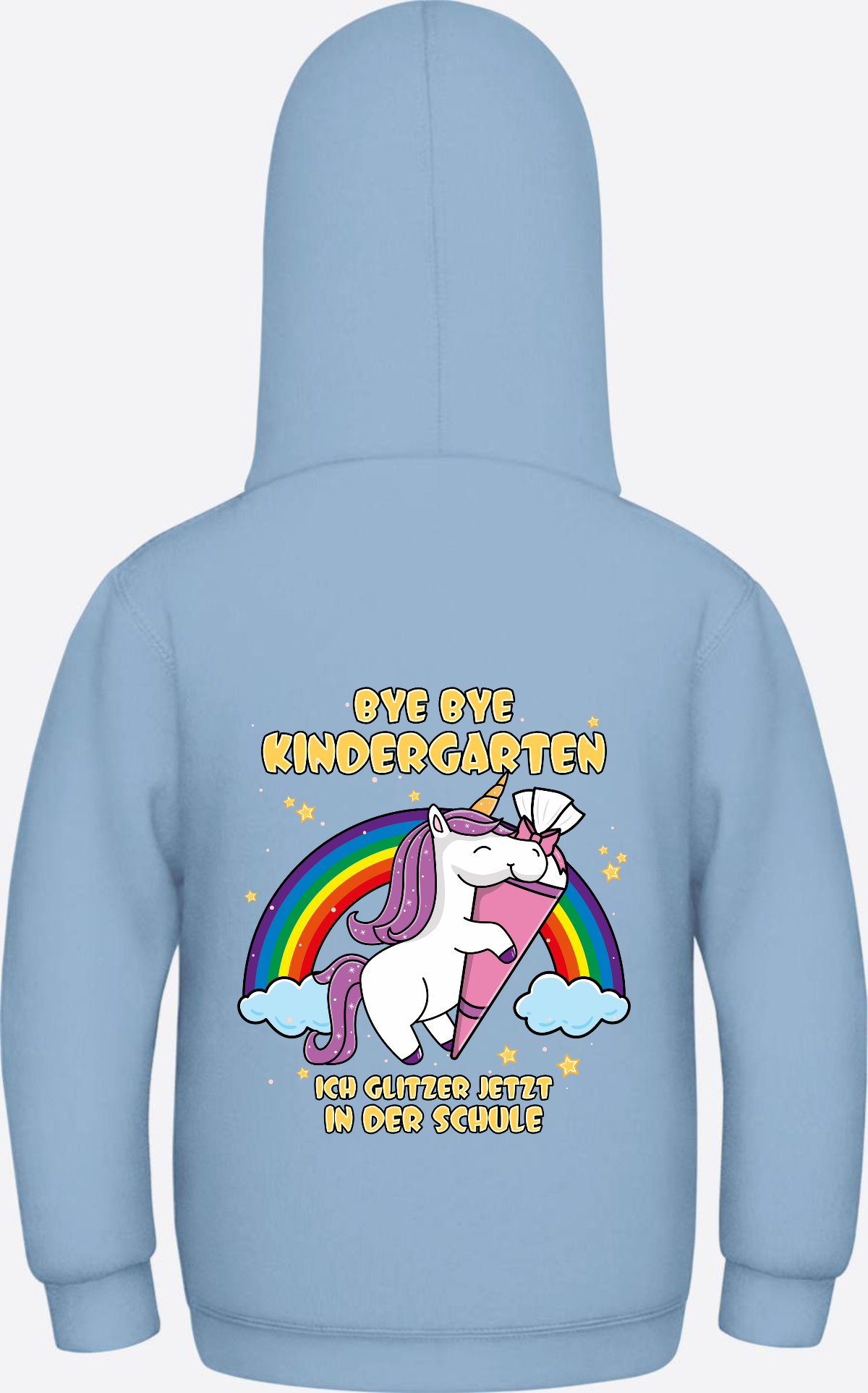 Kinder Hoodie Einschulung Einhorn Glitzer – Bye Bye Kindergarten - Sky Blue