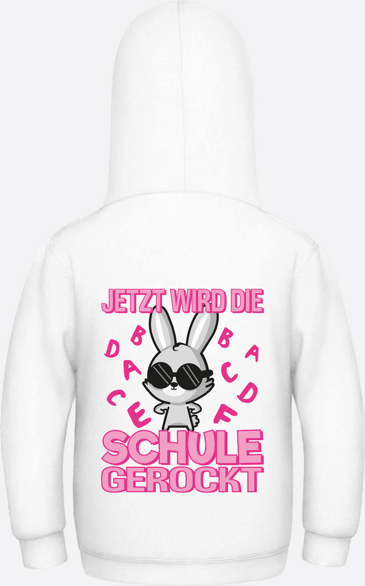 Kinder Hoodie Einschulung – Hase rockt die Schule mit Name - Arctic White