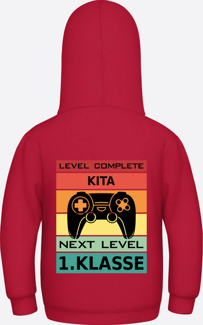 Kinder Hoodie Einschulung: Next Level 1. Klasse mit Name - Fire Red