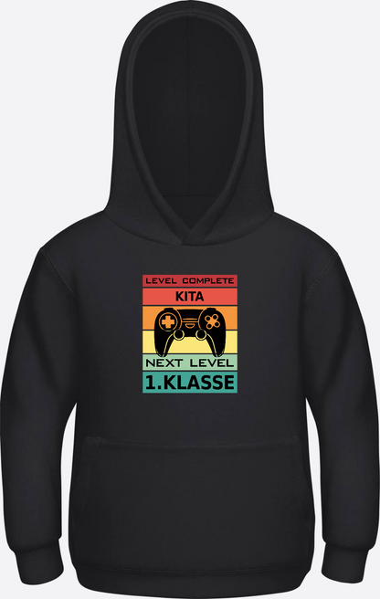 Kinder Hoodie Einschulung: Next Level 1. Klasse mit Name - Jet Black Herzseite