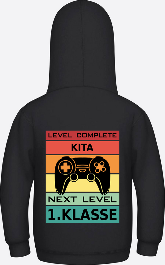 Kinder Hoodie Einschulung: Next Level 1. Klasse mit Name - Jet Black