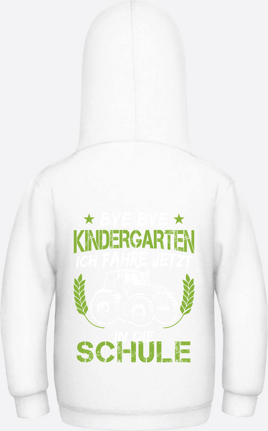 Kinder Hoodie Einschulung Traktor – Bye Bye Kindergarten - Arctic White