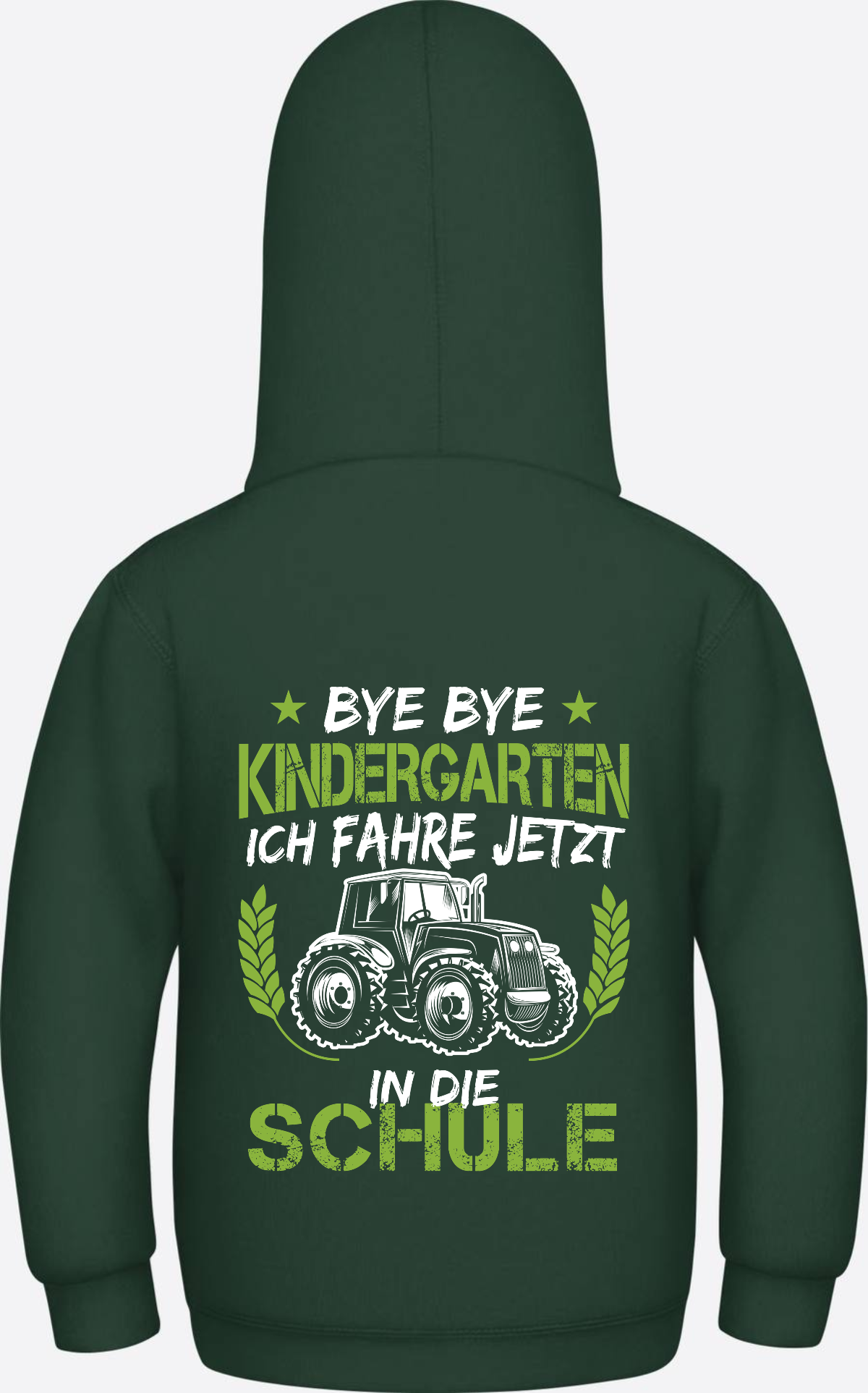 Kinder Hoodie Einschulung Traktor – Bye Bye Kindergarten - Bottle Green