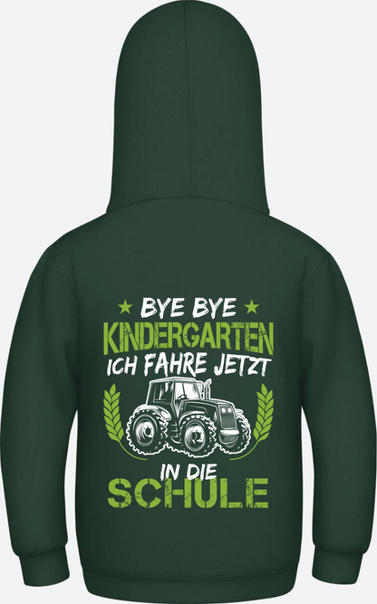 Kinder Hoodie Einschulung Traktor – Bye Bye Kindergarten - Bottle Green