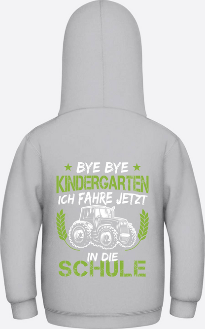 Kinder Hoodie Einschulung Traktor – Bye Bye Kindergarten - Heather Grey