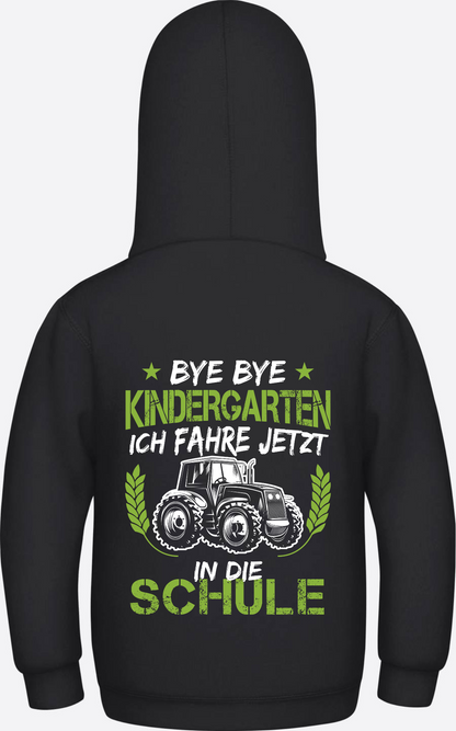 Kinder Hoodie Einschulung Traktor – Bye Bye Kindergarten - Jet Black